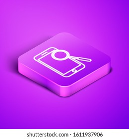 Isometric line Mobile phone diagnostics icon isolated on purple background. Adjusting app, service, setting options, maintenance, repair, fixing. Purple square button. Vector Illustration