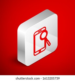 Isometric line Mobile phone diagnostics icon isolated on red background. Adjusting app, service, setting options, maintenance, repair, fixing. Silver square button. Vector Illustration