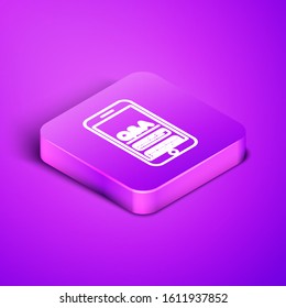 Isometric line Mobile phone with Question and Exclamation icon isolated on purple background. Frequently asked questions. Purple square button. Vector Illustration