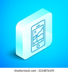 Isometric line Mobile stock trading concept icon isolated on blue background. Online trading, stock market analysis, business and investment. Silver square button. Vector