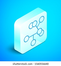 Isometric line Molecule icon isolated on blue background. Structure of molecules in chemistry, science teachers innovative educational poster. Silver square button. Vector Illustration