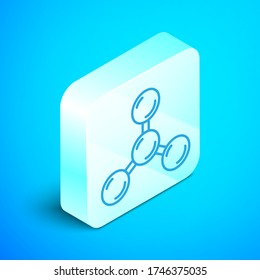 Isometric line Molecule icon isolated on blue background. Structure of molecules in chemistry, science teachers innovative educational poster. Silver square button. Vector