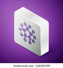 Isometric line Molecule oil icon isolated on purple background. Structure of molecules in chemistry. Silver square button. Vector Illustration