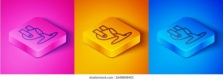 Isometric line Molten gold being poured icon isolated on pink and orange, blue background. Molten metal poured from ladle. Square button. Vector
