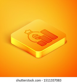Isometric line Money bag and coin icon isolated on orange background. Dollar or USD symbol. Cash Banking currency sign.  Orange square button. Vector Illustration