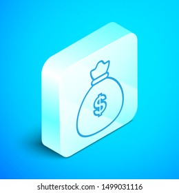 Isometric line Money bag icon isolated on blue background. Dollar or USD symbol. Cash Banking currency sign.  Silver square button. Vector Illustration