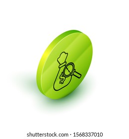 Isometric line Money bag and magnifying glass icon isolated on white background. Dollar or USD symbol. Cash Banking currency sign. Green circle button. Vector Illustration