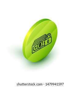 Isometric line Money with lock icon isolated on white background. Locked money. Security, safety, protection concept. Concept of a safe payment. Green circle button. Vector Illustration