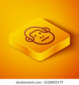 Isometric line Monkey icon isolated on orange background. Animal symbol. Yellow square button. Vector