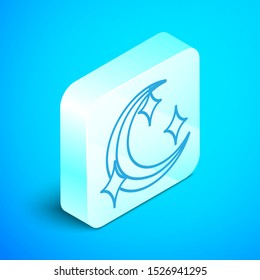 Isometric line Moon and stars icon isolated on blue background. Silver square button. Vector Illustration