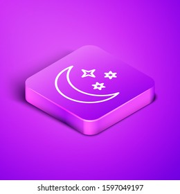 Isometric line Moon and stars icon isolated on purple background. Purple square button. Vector Illustration