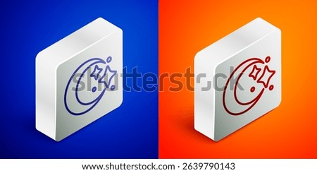 Isometric line Moon and stars icon isolated on blue and orange background. Cloudy night sign. Sleep dreams symbol. Full moon. Night or bed time sign. Silver square button. Vector