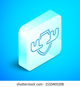 Isometric line Moose horns on shield icon isolated on blue background. Hunting trophy on wall. Silver square button. Vector Illustration