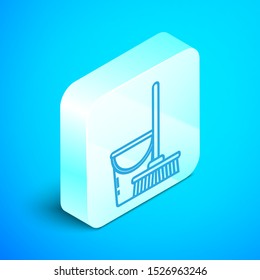 Isometric line Mop and bucket icon isolated on blue background. Cleaning service concept. Silver square button. Vector Illustration