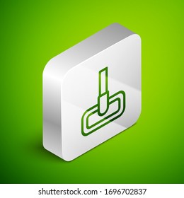 Isometric line Mop icono aislado en fondo verde. El concepto de servicio de limpieza. Botón cuadrado plateado. Ilustración vectorial