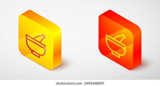 Isometric line Mortar and pestle icon isolated on grey background. Yellow and orange square button. Vector