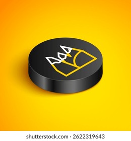 Isometric line Mountains icon isolated on yellow background. Symbol of victory or success concept. Goal achievement. Black circle button. Vector