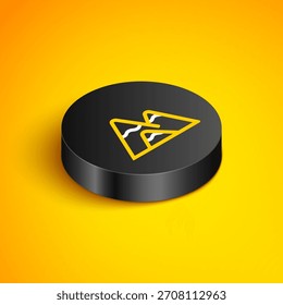 Isometric line Mountains icon isolated on yellow background. Symbol of victory or success concept. Black circle button. Vector