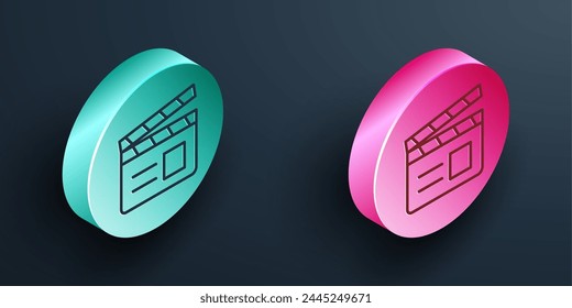 Isometric line Movie clapper icon isolated on black background. Film clapper board. Clapperboard sign. Cinema production or media industry. Turquoise and pink circle button. Vector