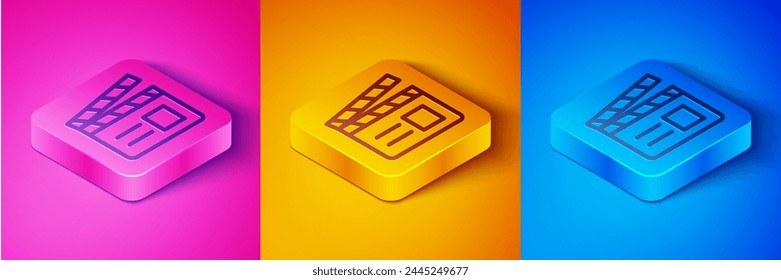 Isometric line Movie clapper icon isolated on pink and orange, blue background. Film clapper board. Clapperboard sign. Cinema production or media industry. Square button. Vector