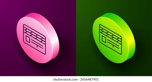 Isometric line Movie clapper icon isolated on purple and green background. Film clapper board. Clapperboard sign. Cinema production or media industry. Circle button. Vector Illustration