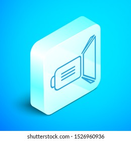 Isometric line Movie spotlight icon isolated on blue background. Light Effect. Scene, Studio, Show. Silver square button. Vector Illustration