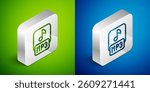 Isometric line MP3 file document. Download mp3 button icon isolated on green and blue background. Mp3 music format sign. MP3 file symbol. Silver square button. Vector
