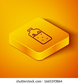 Isometric line Mulled wine with ingredients icon isolated on orange background. Cinnamon stick, clove, lemon slice. Yellow square button. Vector Illustration