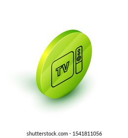 Isometric line Multimedia and TV box receiver and player with remote controller icon isolated on white background. Green circle button. Vector Illustration