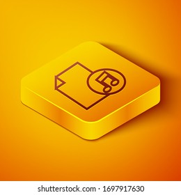 Isometric line Music book with note icon isolated on orange background. Music sheet with note stave. Notebook for musical notes. Yellow square button. Vector Illustration