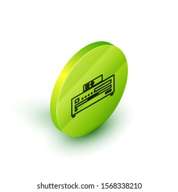 Isometric line Music CD player icon isolated on white background. Portable music device. Green circle button. Vector Illustration