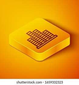 Isometric line Music equalizer icon isolated on orange background. Sound wave. Audio digital equalizer technology, console panel, pulse musical. Yellow square button. Vector Illustration