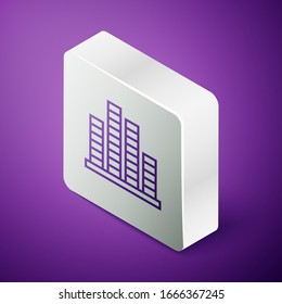 Isometric line Music Ecualizer icono aislado en fondo morado. Ola sonora. Tecnología de ecualizador digital de audio, panel de consola, musical de pulso. Botón cuadrado plateado. Ilustración vectorial