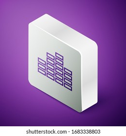 Isometric line Music equalizer icon isolated on purple background. Sound wave. Audio digital equalizer technology, console panel, pulse musical. Silver square button. Vector Illustration