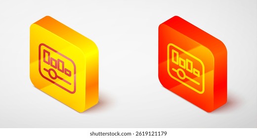 Isometric line Music equalizer icon isolated on grey background. Sound wave. Audio digital equalizer technology, console panel, pulse musical. Yellow and orange square button. Vector