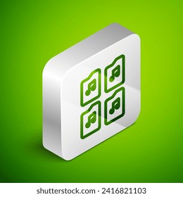 Isometric line Music file document icon isolated on green background. Waveform audio file format for digital audio riff files. Silver square button. Vector