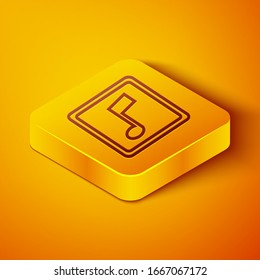 Línea isométrica Nota musical, icono de tono aislado en fondo anaranjado. Botón cuadrado amarillo. Ilustración vectorial