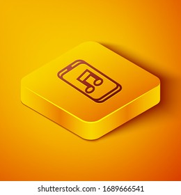 Isometric line Music player icon isolated on orange background. Portable music device. Yellow square button. Vector Illustration