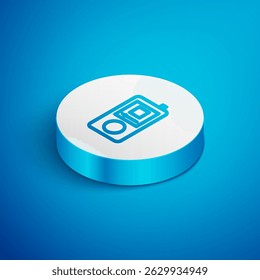 Isometric line Music player icon isolated on blue background. Portable music device. White circle button. Vector