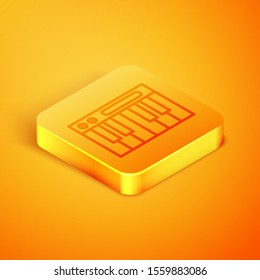 Isometric line Music synthesizer icon isolated on orange background. Electronic piano. Orange square button. Vector Illustration