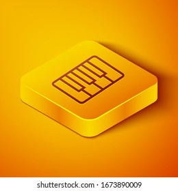Isometric line Music synthesizer icon isolated on orange background. Electronic piano. Yellow square button. Vector Illustration