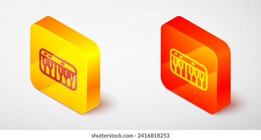 Isometric line Music synthesizer icon isolated on grey background. Electronic piano. Yellow and orange square button. Vector