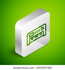 Isometric line Music synthesizer icon isolated on green background. Electronic piano. Silver square button. Vector