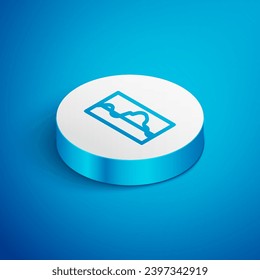 Isometrische Linie Musik-Wellen Equalizer Symbol einzeln auf blauem Hintergrund. Schallwelle. Audio-Equalizer-Technologie, Konsolen-Panel, Pulsmusik. Weißer Kreis-Knopf. Vektorgrafik