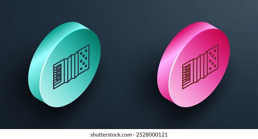 Línea isométrica Icono de acordeón de instrumento musical aislado sobre fondo negro. Clásica bayan, armónico. Botón circular turquesa y rosa. Vector