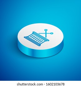 Isometric line Musical instrument drum and drum sticks icon isolated on blue background. White circle button. Vector Illustration