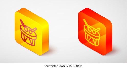 Isometric line Musical instrument drum and drum sticks icon isolated on grey background. Yellow and orange square button. Vector