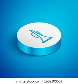 Isometric line Musical instrument trumpet icon isolated on blue background. White circle button. Vector Illustration