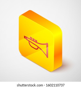 Isometric line Musical instrument trumpet icon isolated on grey background. Yellow square button. Vector Illustration