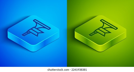 Isometric line Musical instrument trumpet icon isolated on blue and green background. Square button. Vector